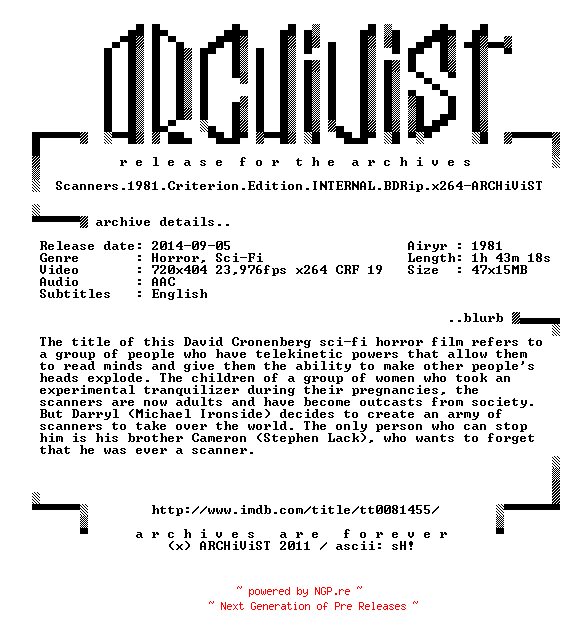 NFO for the release Scanners.1981.Criterion.Edition.INTERNAL.BDRip.x264-ARCHiViST by ARCHiViST