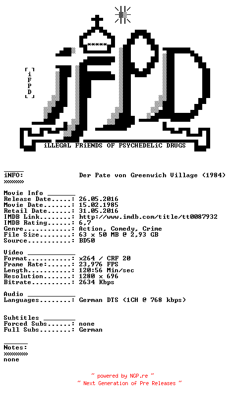 NFO for the release Der.Pate.von.Greenwich.Village.1984.German.720p.BluRay.x264-iFPD by iFPD