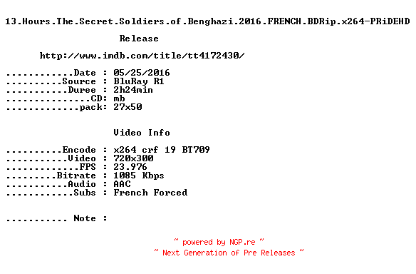 NFO for the release 13.Hours.The.Secret.Soldiers.of.Benghazi.2016.FRENCH.BDRip.x264-PRiDEHD by PRiDEHD