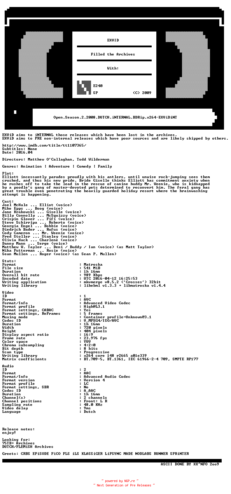 NFO for the release Open.Season.2.2008.DUTCH.iNTERNAL.BDRip.x264-EXViDiNT by EXViDiNT