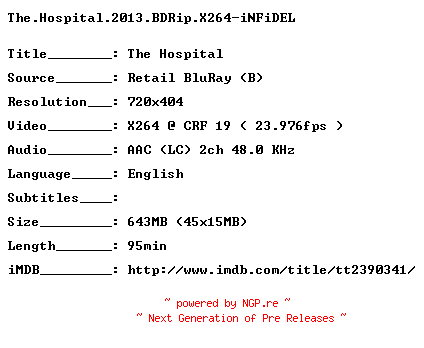 NFO for the release The.Hospital.2013.BDRip.X264-iNFiDEL by iNFiDEL