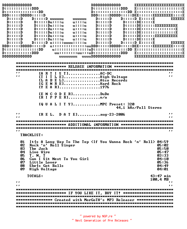 NFO for the release AC-DC-High_Voltage-1976-DuDE by DuDE