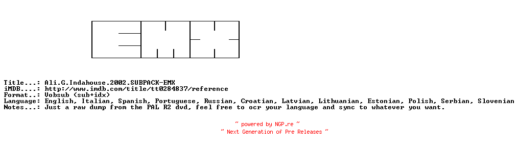 NFO for the release Ali.G.Indahouse.2002.SUBPACK-EMX by EMX