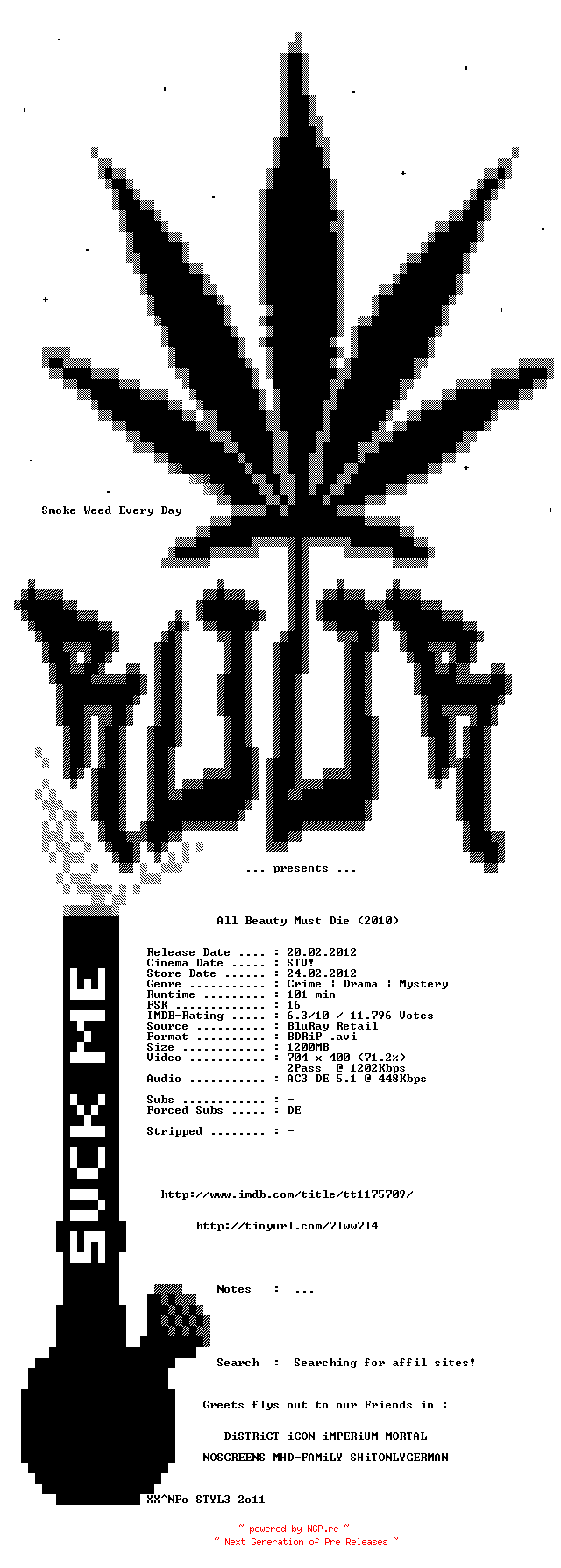 NFO for the release All.Beauty.Must.Die.2010.German.AC3.BDRiP.XViD-ROOR by ROOR