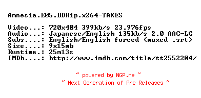 NFO for the release Amnesia.E05.BDRip.x264-TAXES by TAXES