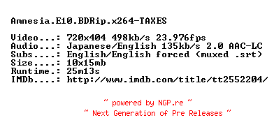 NFO for the release Amnesia.E10.BDRip.x264-TAXES by TAXES