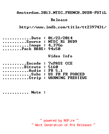 NFO for the release Amsterdam.2013.NTSC.FRENCH.DVDR-FUTiL by FUTiL