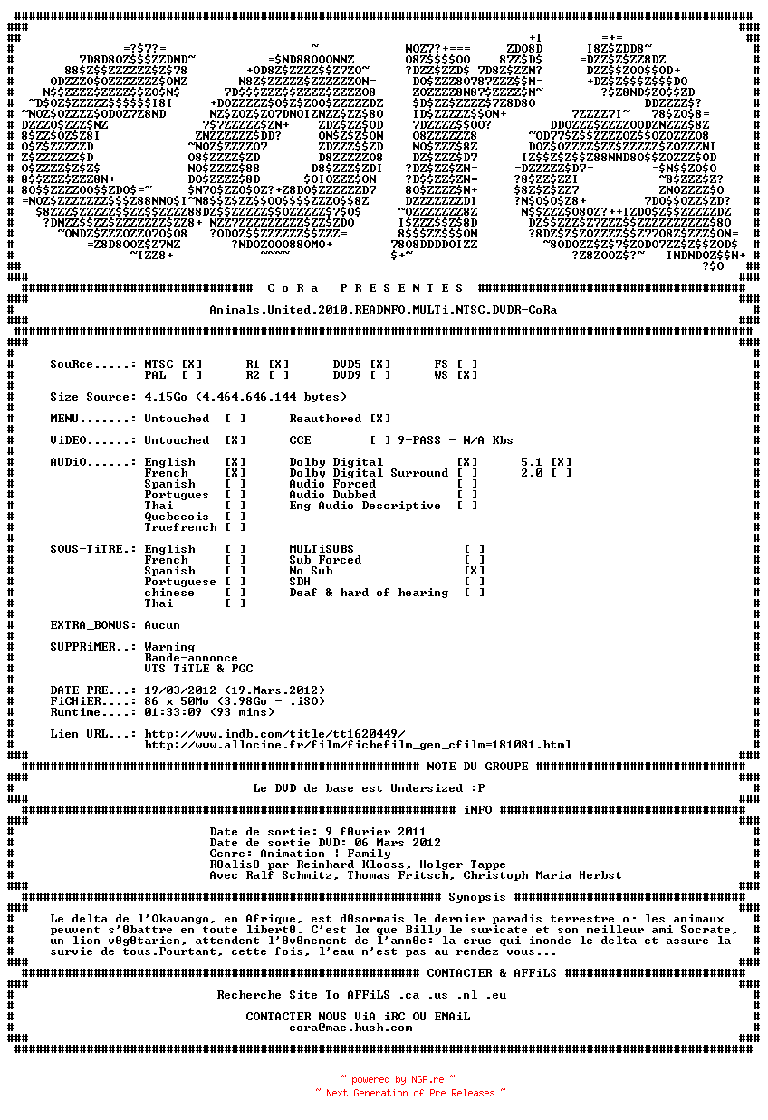 NFO for the release Animals.United.2010.READNFO.MULTi.NTSC.DVDR-CoRa by CoRa