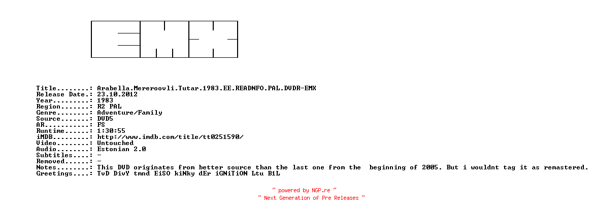 NFO for the release Arabella.Mereroovli.Tutar.1983.EE.READNFO.PAL.DVDR-EMX by EMX