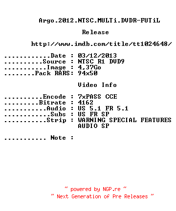 NFO for the release Argo.2012.NTSC.MULTi.DVDR-FUTiL by FUTiL