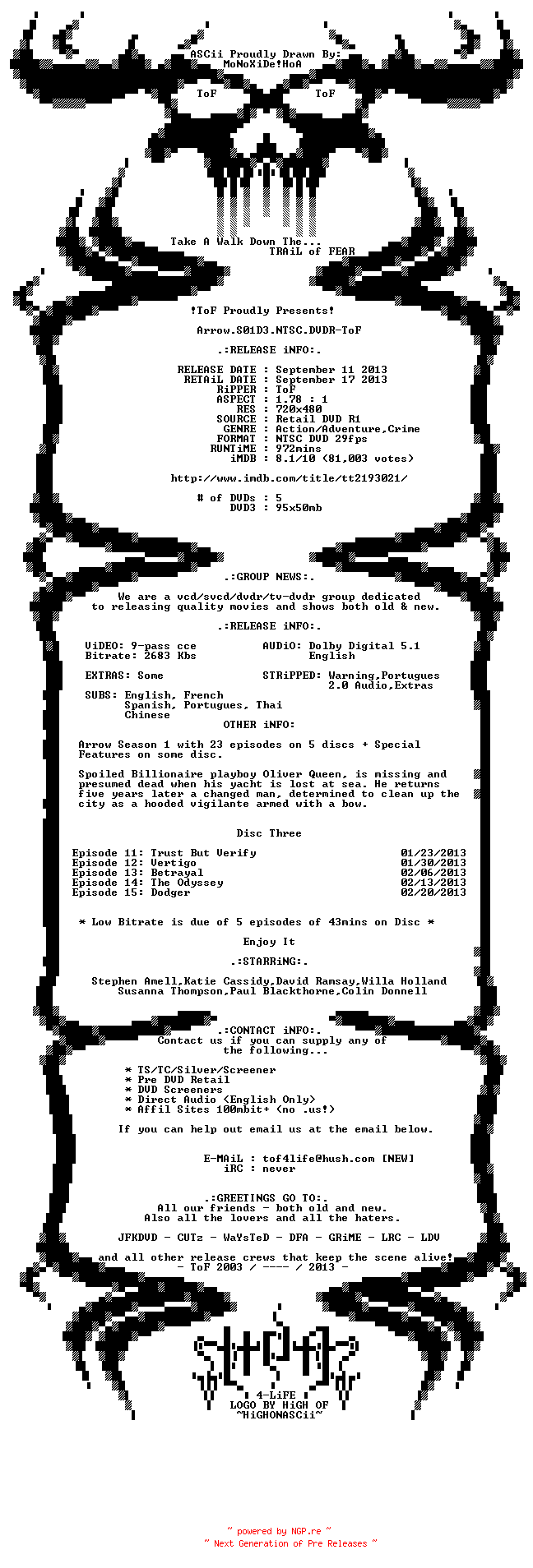 NFO for the release Arrow.S01D3.NTSC.DVDR-ToF by ToF