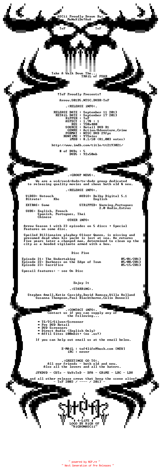 NFO for the release Arrow.S01D5.NTSC.DVDR-ToF by ToF
