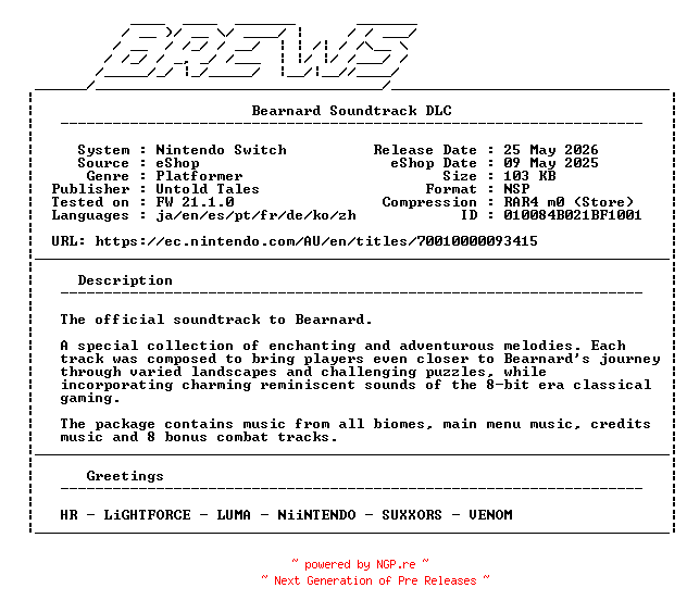NFO for the release Bearnard_Soundtrack_DLC_DIRFIX_NSW-BREWS by BREWS