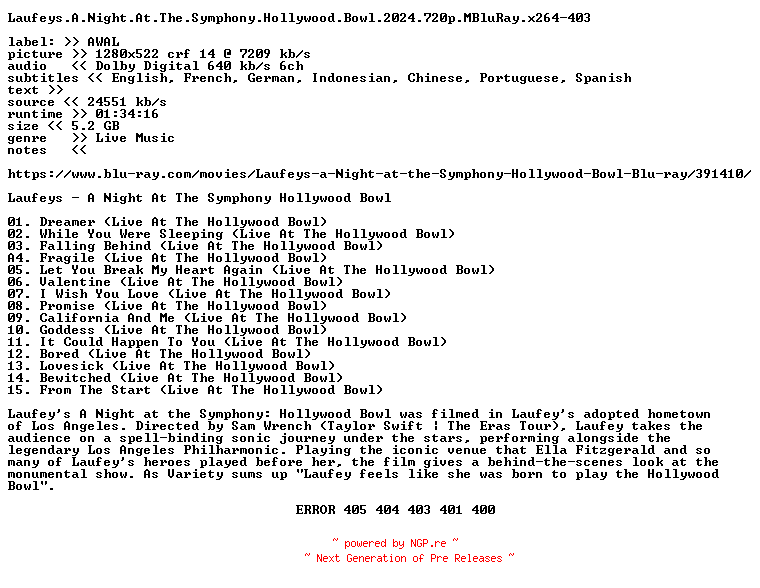 NFO for the release Laufeys.A.Night.At.The.Symphony.Hollywood.Bowl.2024.720p.MBluRay.x264-403 by 403