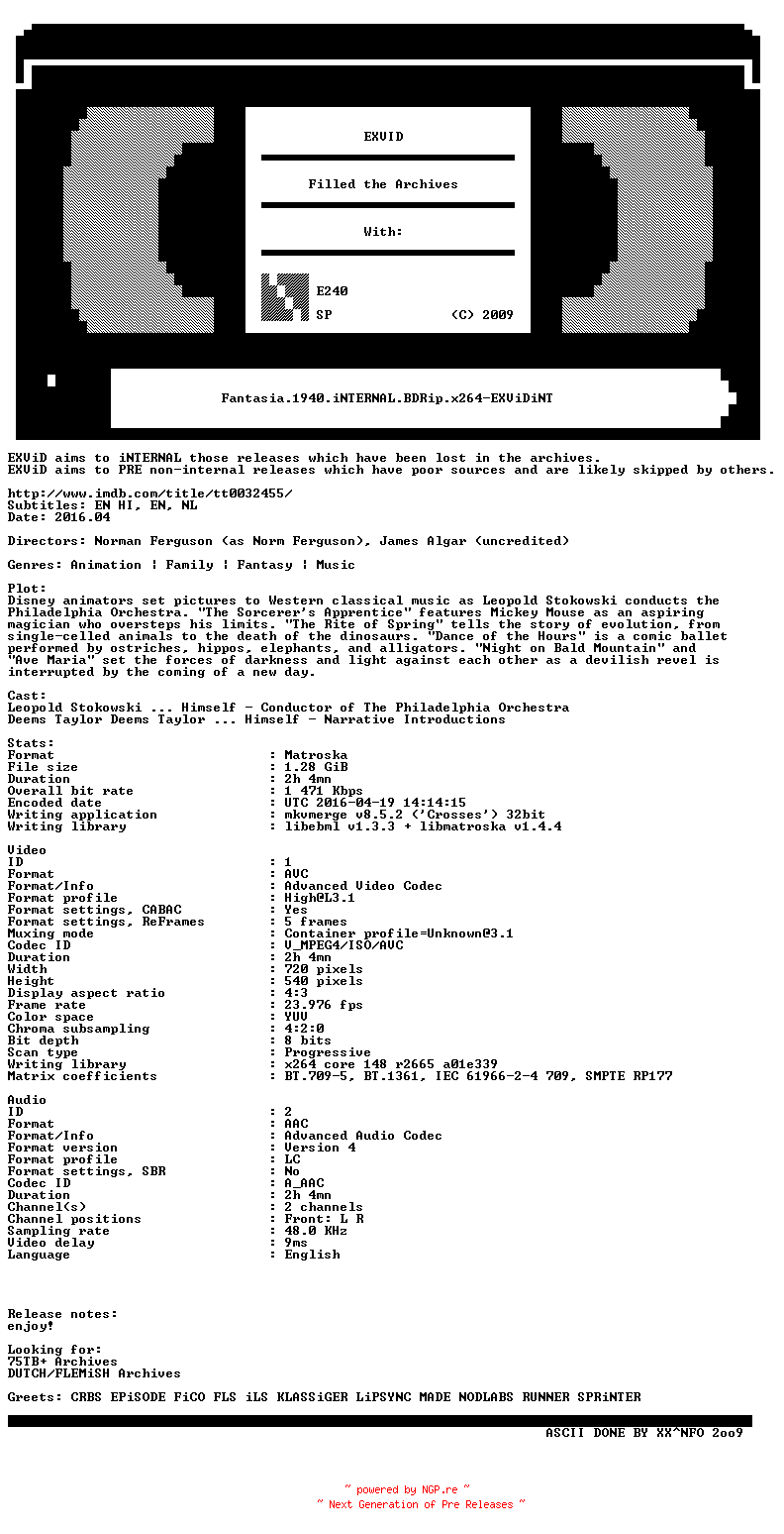 NFO for the release Fantasia.1940.iNTERNAL.BDRip.x264-EXViDiNT by EXViDiNT