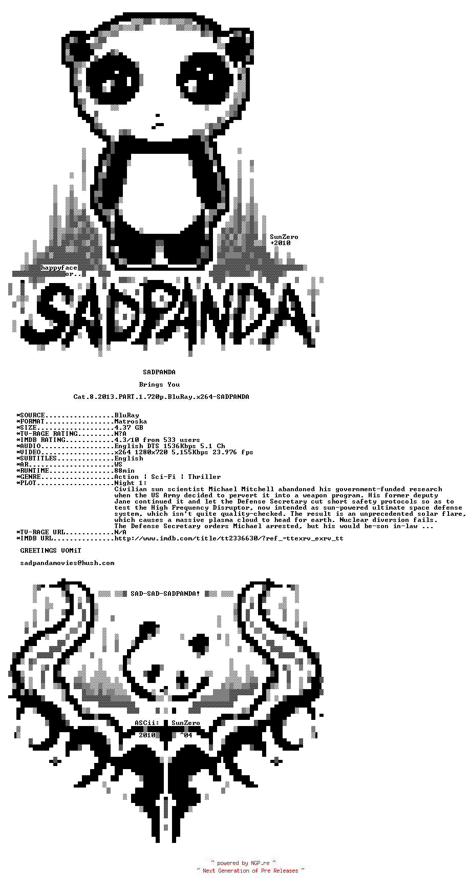 NFO for the release Cat.8.2013.PART.1.720p.BluRay.x264-SADPANDA by SADPANDA