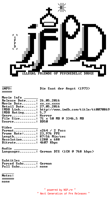 NFO for the release Die.Saat.der.Angst.1973.German.720p.BluRay.x264-iFPD by iFPD
