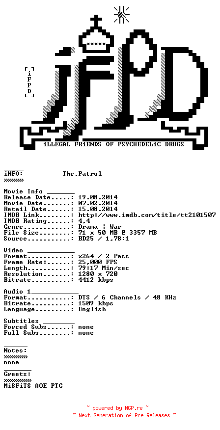 NFO for the release The.Patrol.2013.720p.BluRay.x264-iFPD by iFPD