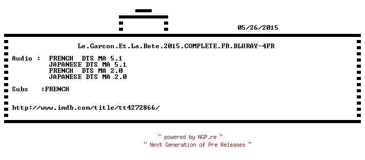 NFO for the release Le.Garcon.Et.La.Bete.2015.COMPLETE.FR.BLURAY-4FR by 4FR