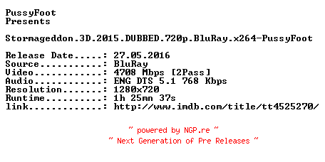 NFO for the release Stormageddon.3D.2015.DUBBED.720p.BluRay.x264-PussyFoot by PussyFoot