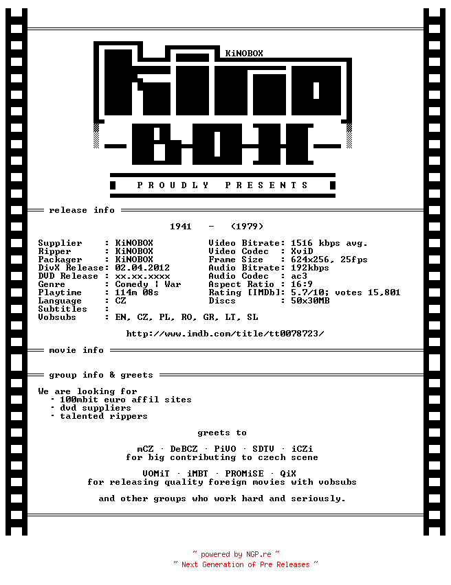 NFO for the release 1941.1979.DVD.XviD.CZ-KiNOBOX by KiNOBOX
