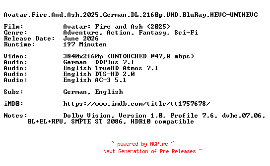 NFO for the release Avatar.Fire.And.Ash.2025.German.DL.2160p.UHD.BluRay.HEVC-UNTHEVC by UNTHEVC