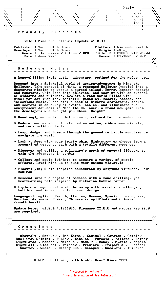 NFO for the release Mina_the_Hollower_Update_v1.0.4_NSW-VENOM by VENOM