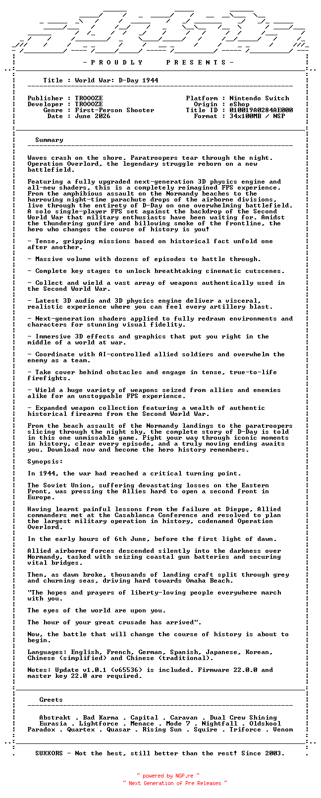 NFO for the release World_War_D-Day_1944_NSW-SUXXORS by SUXXORS
