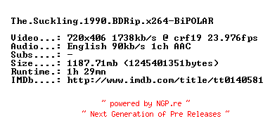 NFO for the release The.Suckling.1990.BDRip.x264-BiPOLAR by BiPOLAR
