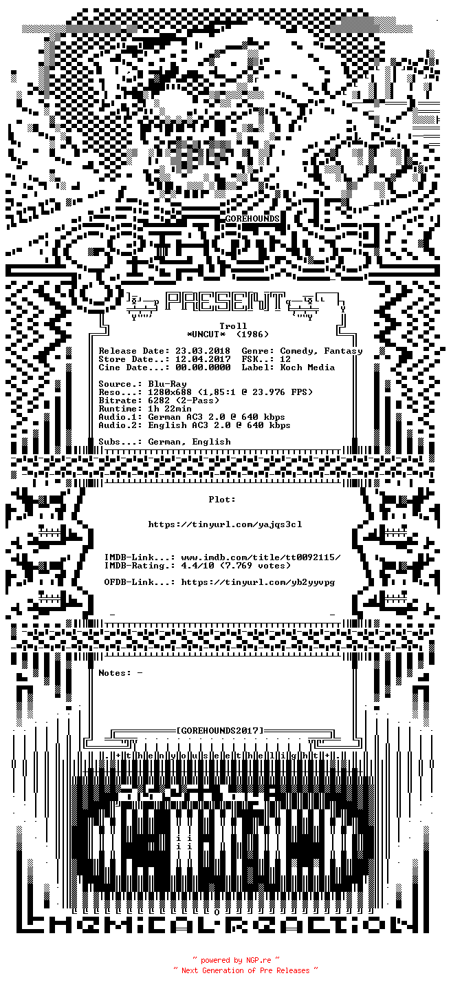 NFO for the release Troll.GERMAN.1986.DL.720p.BluRay.x264-GOREHOUNDS by GOREHOUNDS