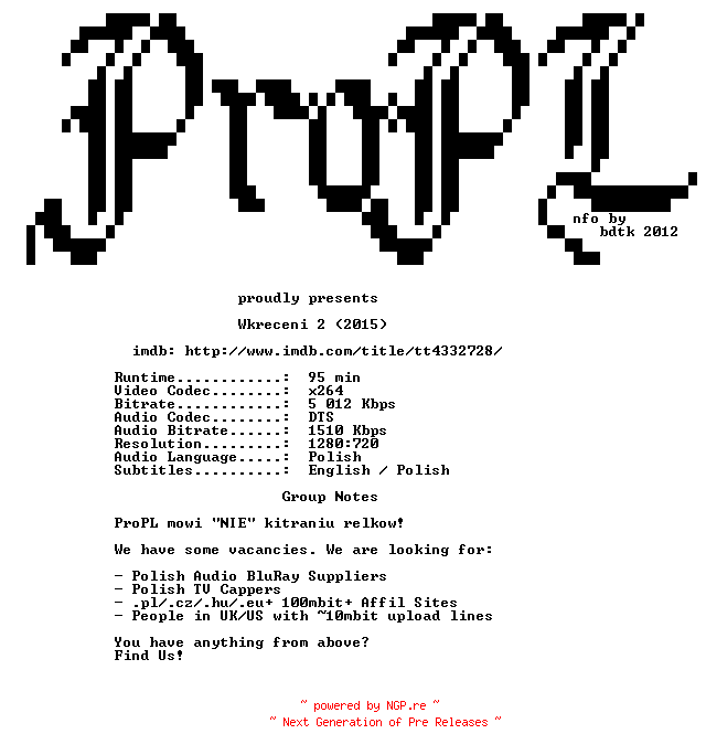 NFO for the release Wkreceni.2.2015.720p.BluRay.x264-ProPL by ProPL