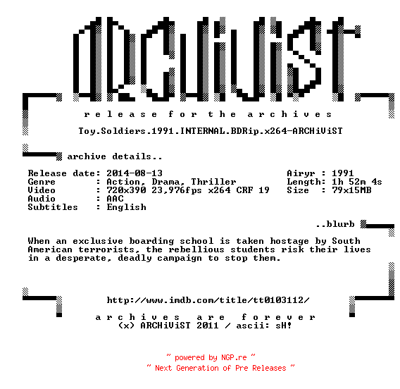 NFO for the release Toy.Soldiers.1991.INTERNAL.BDRip.x264-ARCHiViST by ARCHiViST
