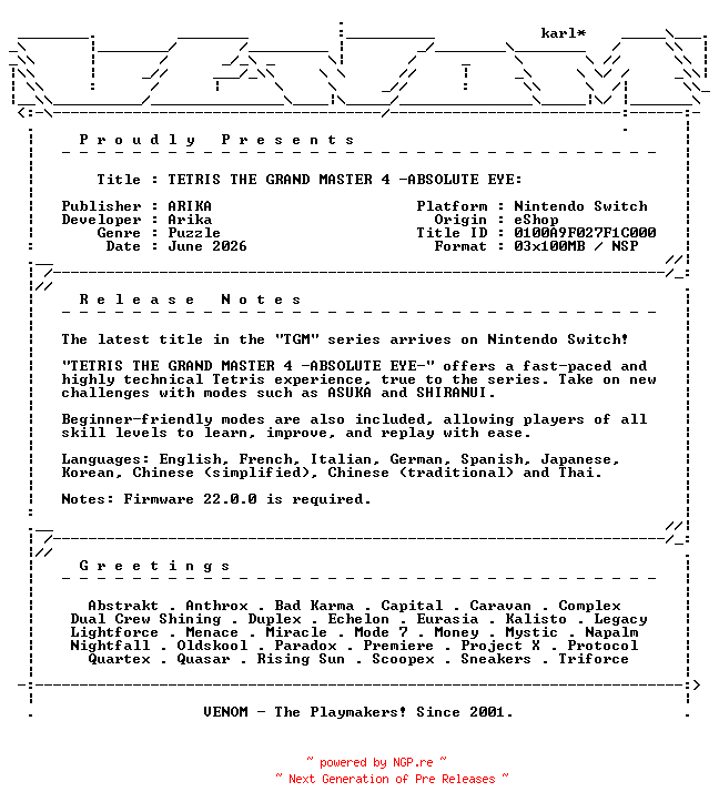 NFO for the release TETRIS_THE_GRAND_MASTER_4_ABSOLUTE_EYE_NSW-VENOM by VENOM