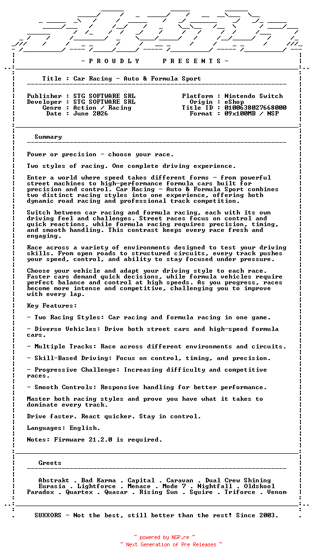 NFO for the release Car_Racing_Auto_and_Formula_Sport_NSW-SUXXORS by SUXXORS