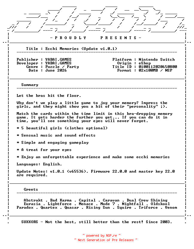 NFO for the release Ecchi_Memories_Update_v1.0.1_NSW-SUXXORS by SUXXORS
