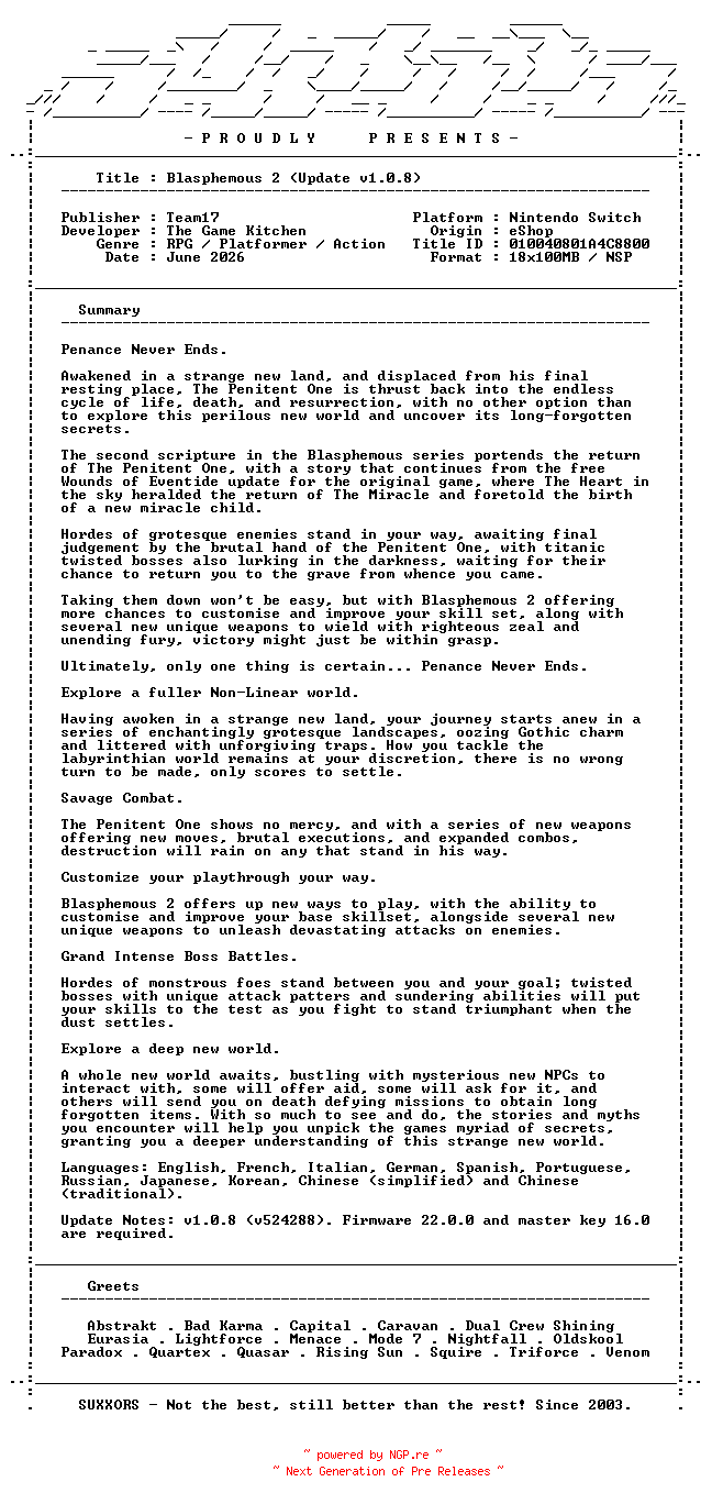 NFO for the release Blasphemous_2_Update_v1.0.8_NSW-SUXXORS by SUXXORS