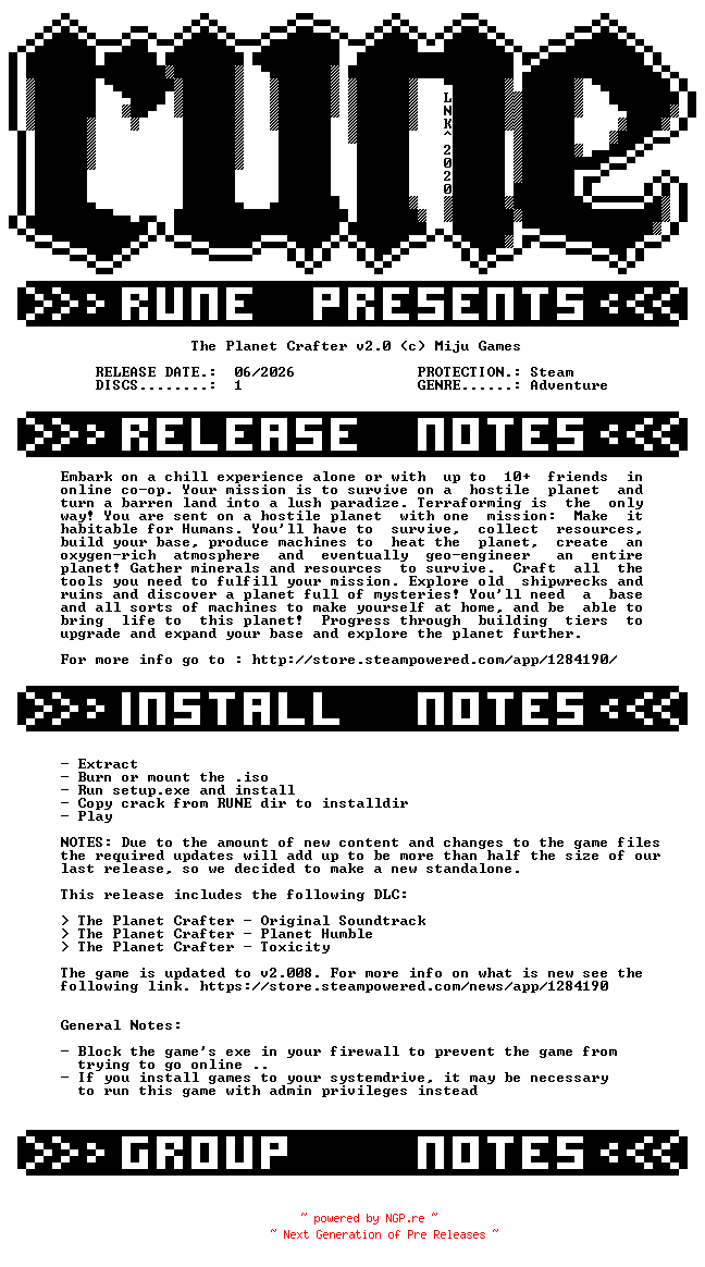 NFO for the release The.Planet.Crafter.v2.0-RUNE by RUNE