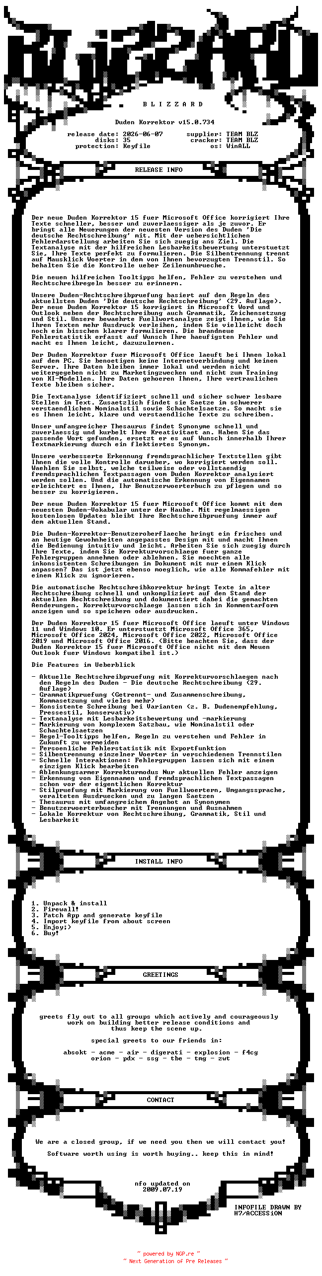 NFO for the release Duden.Korrektor.v15.0.734.GERMAN.WinALL.Incl.Keygen.Patch-BLiZZARD by BLiZZARD