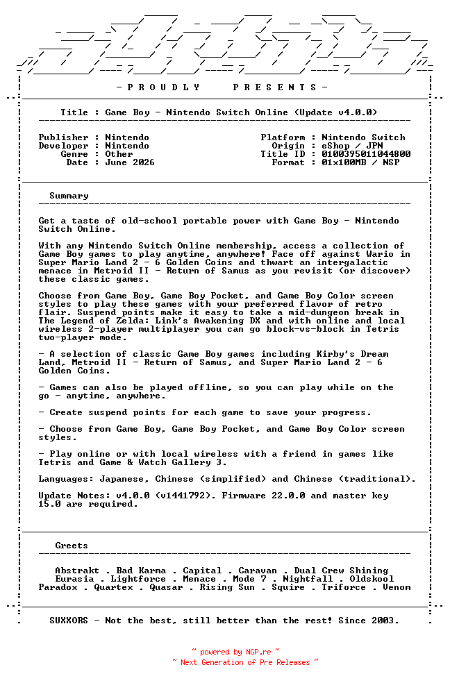 NFO for the release Game_Boy_Nintendo_Switch_Online_Update_v4.0.0_INTERNAL_JPN_NSW-SUXXORS by SUXXORS