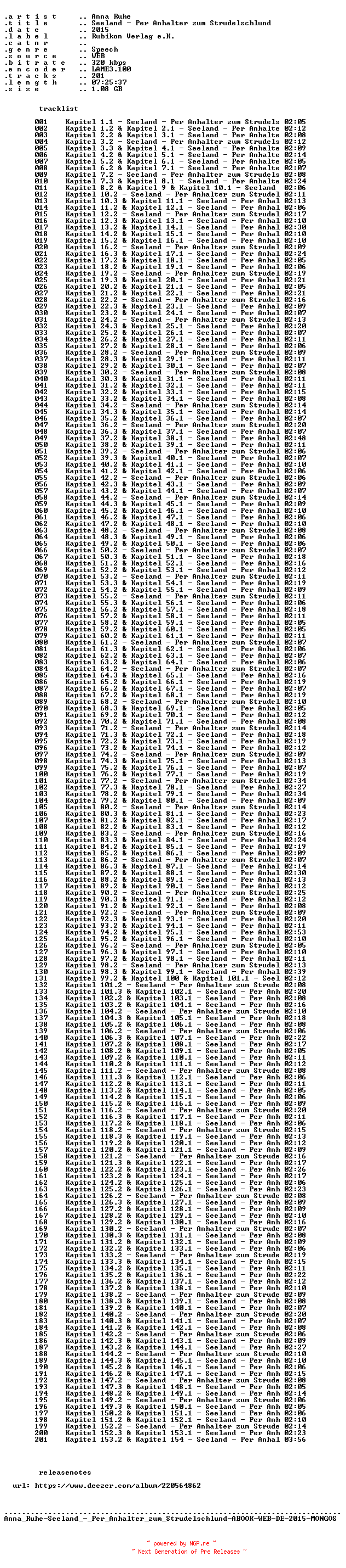 NFO for the release Anna_Ruhe-Seeland_-_Per_Anhalter_zum_Strudelschlund-ABOOK-WEB-DE-2015-MONGOS by MONGOS