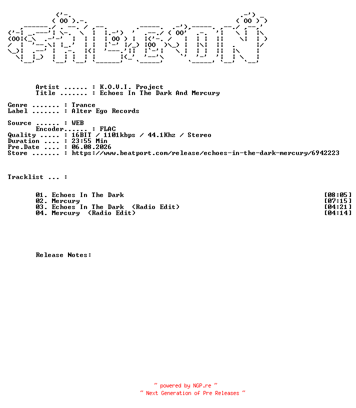 NFO for the release K.O.V.I._Project-Echoes_In_The_Dark_And_Mercury-(AE623)-16BIT-WEB-FLAC-2026-FALCON by FALCON
