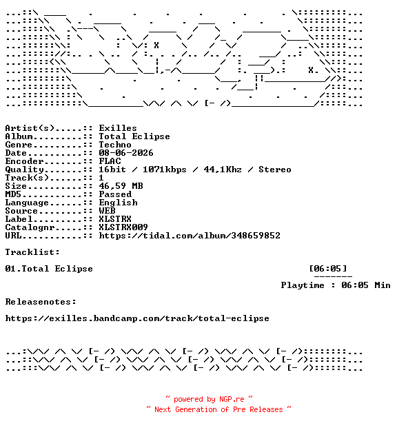 NFO for the release Exilles-Total_Eclipse-XLSTRX009-SINGLE-16BIT-WEB-FLAC-2024-WAVED by WAVED