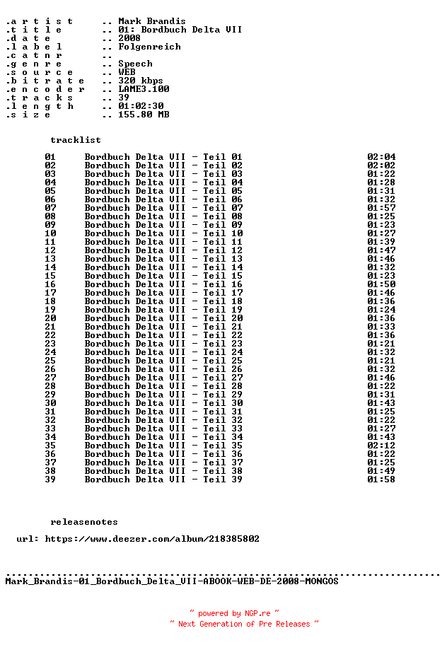 NFO for the release Mark_Brandis-F01_Bordbuch_Delta_VII-ABOOK-WEB-DE-2008-MONGOS by MONGOS