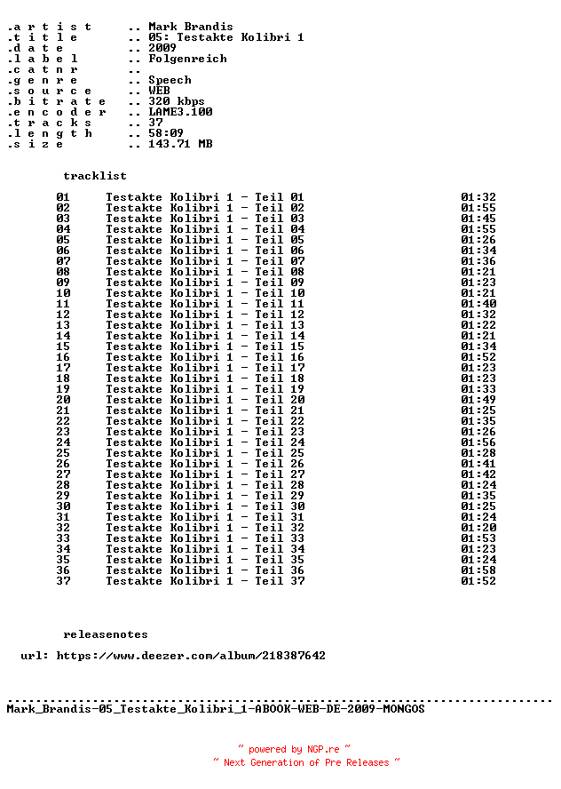 NFO for the release Mark_Brandis-F05_Testakte_Kolibri_1-ABOOK-WEB-DE-2009-MONGOS by MONGOS