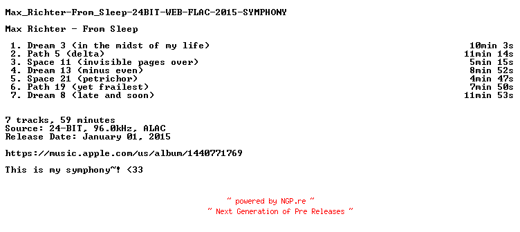 NFO for the release Max_Richter-From_Sleep-24BIT-WEB-FLAC-2015-SYMPHONY by SYMPHONY