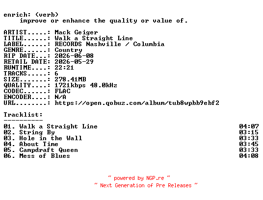 NFO for the release Mack_Geiger-Walk_a_Straight_Line-EP-24BIT-WEB-FLAC-2026-ENRiCH by ENRiCH