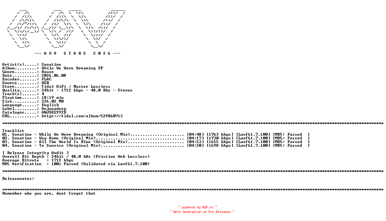 NFO for the release Sonatine-While_We_Were_Dreaming_EP-(ANJDEE992D)-24BIT-WEB-FLAC-2026-AOVF by AOVF