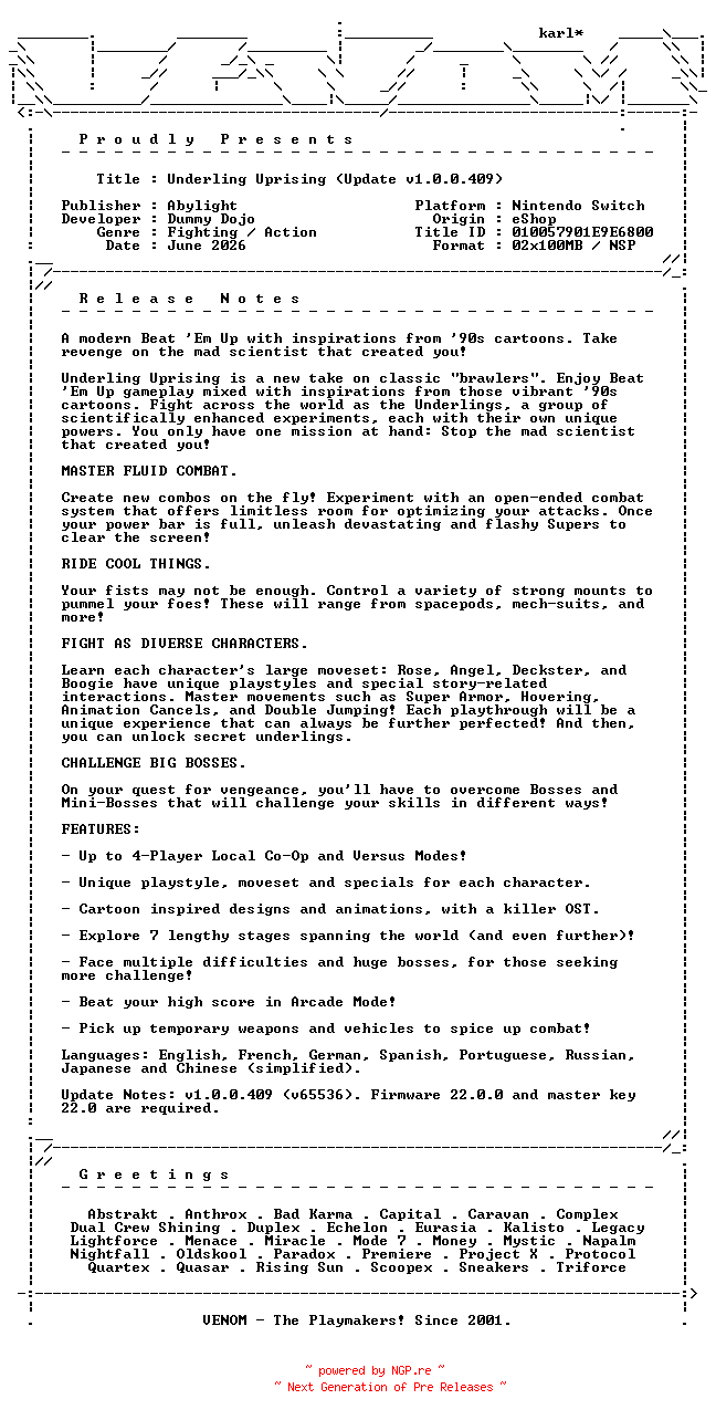 NFO for the release Underling_Uprising_Update_v1.0.0.409_NSW-VENOM by VENOM