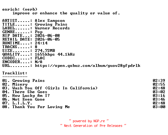 NFO for the release Alex_Sampson-Growing_Pains-EP-24BIT-WEB-FLAC-2026-ENRiCH by ENRiCH