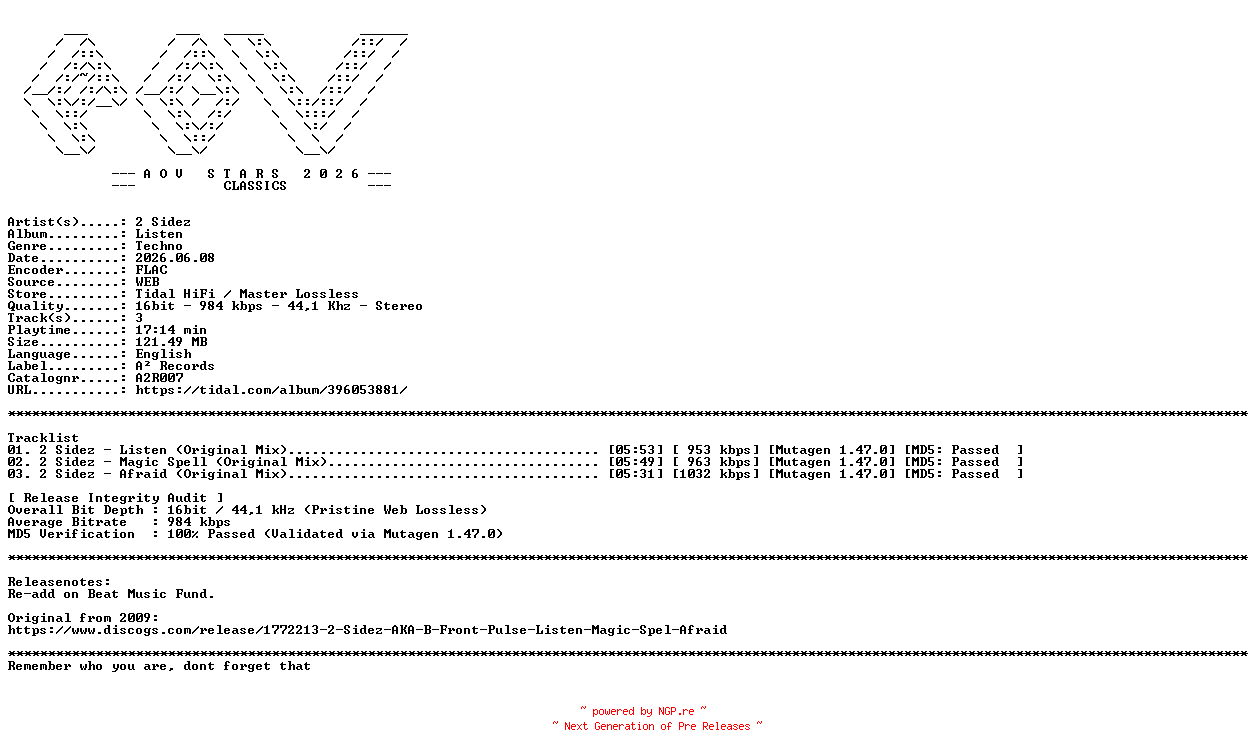NFO for the release 2_Sidez-Listen-(A2R007)-16BIT-WEB-FLAC-2009-AOVF_Classics by AOVF_Classics